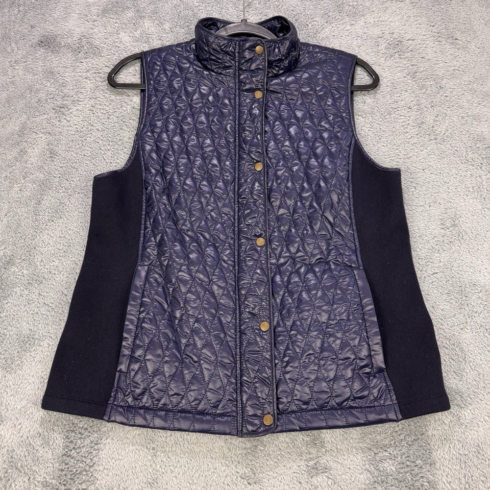 Talbots Navy Quilted Puffer Vest Jacket Women M Navy Sleeveless Full Zip‎ Snap
